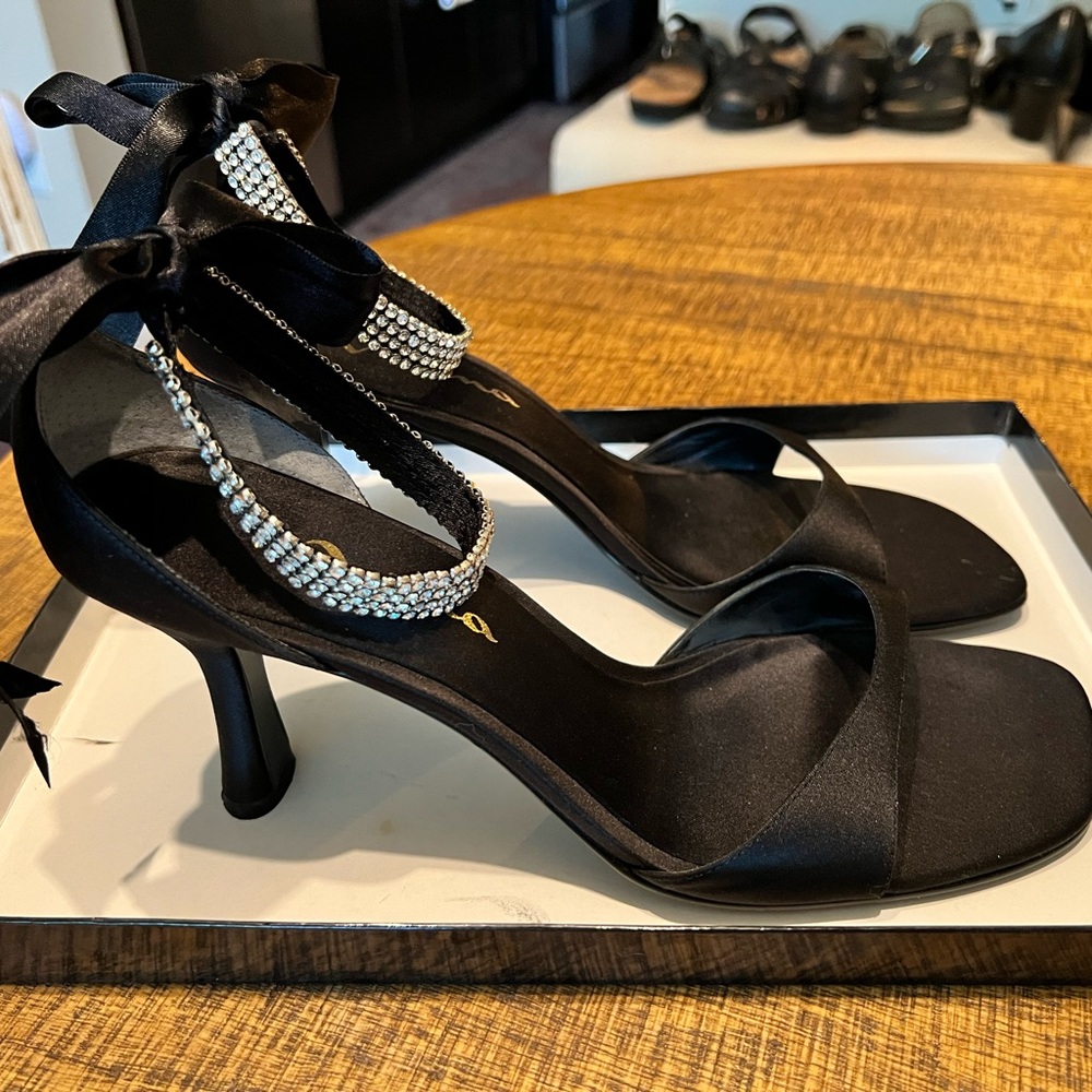 Nina Black Satin Heels with Rhinestone Accents